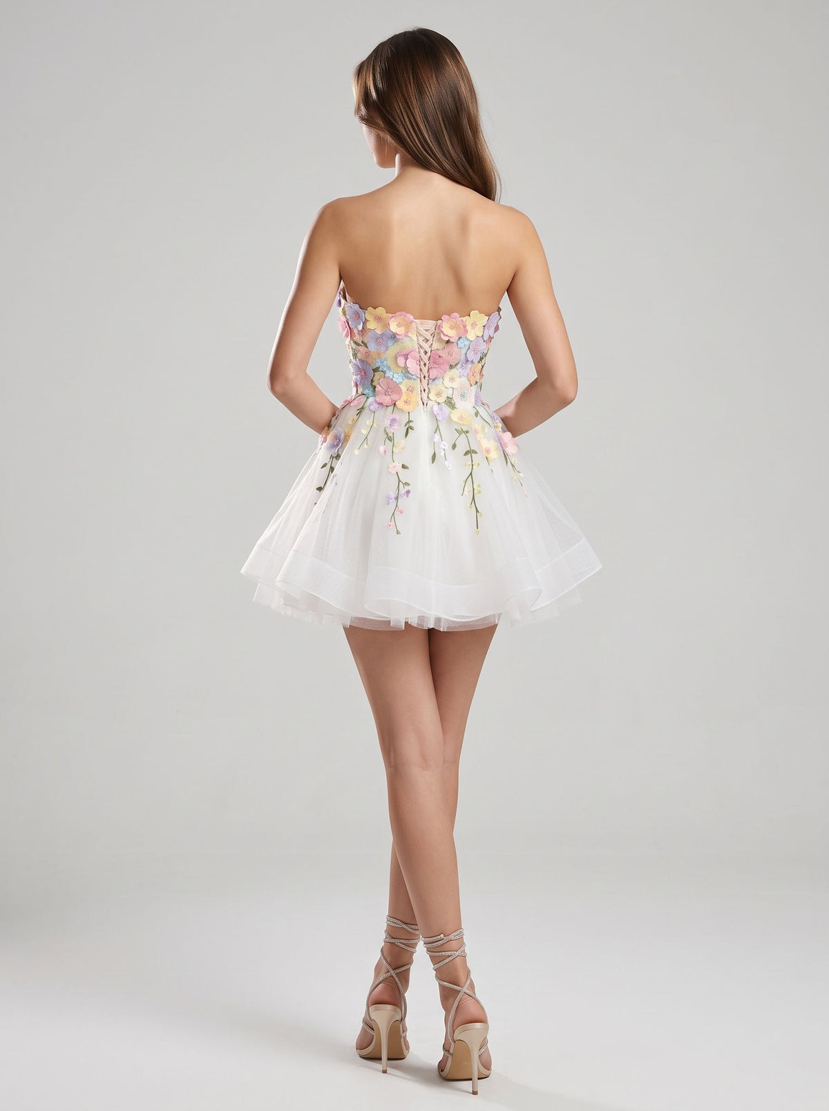 White Tulle A-Line Sweetheart Lace-up Back Mini Dress Back View - Aabei Dress