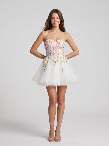White Tulle A-Line Sweetheart Lace-up Back Mini Dress Front View - Aabei Dress