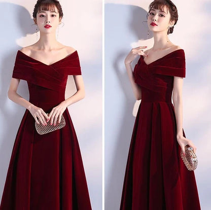 Burgundy Off The Shoulder Velvet A Line Prom Dress Lace Up Back