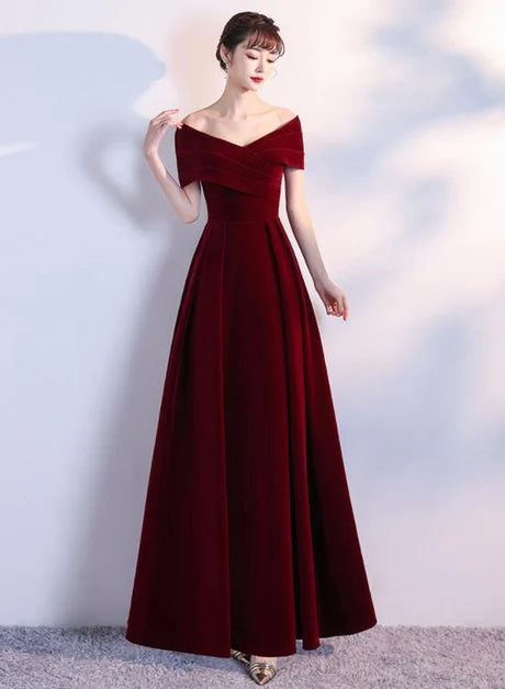 Burgundy Off The Shoulder Velvet A Line Prom Dress Lace Up Back