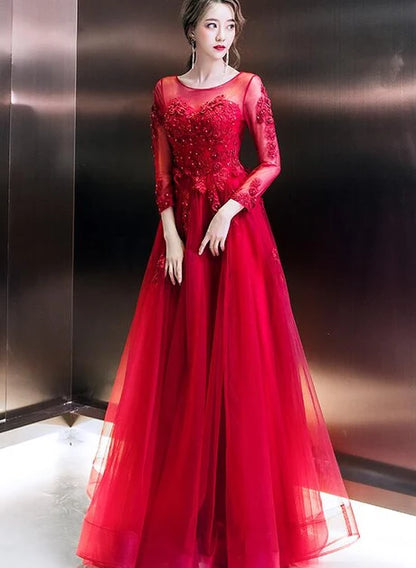 Red Long Sleeve Lace Beaded Tulle A Line Evening Dress Keyhole Back