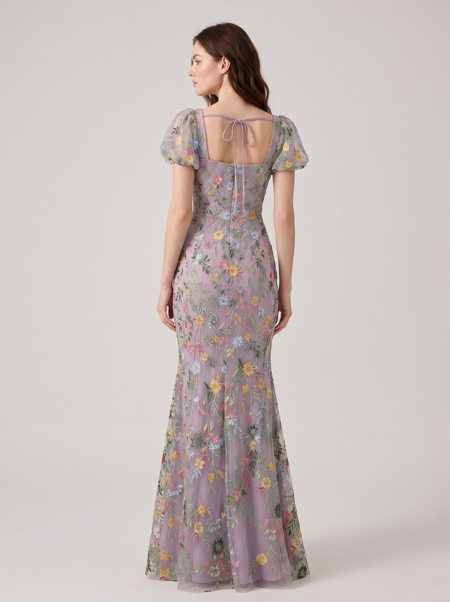 Wisteria Embroidered Tulle Mermaid Square Neck Floor-Length Dress Back View - Aabei Dress