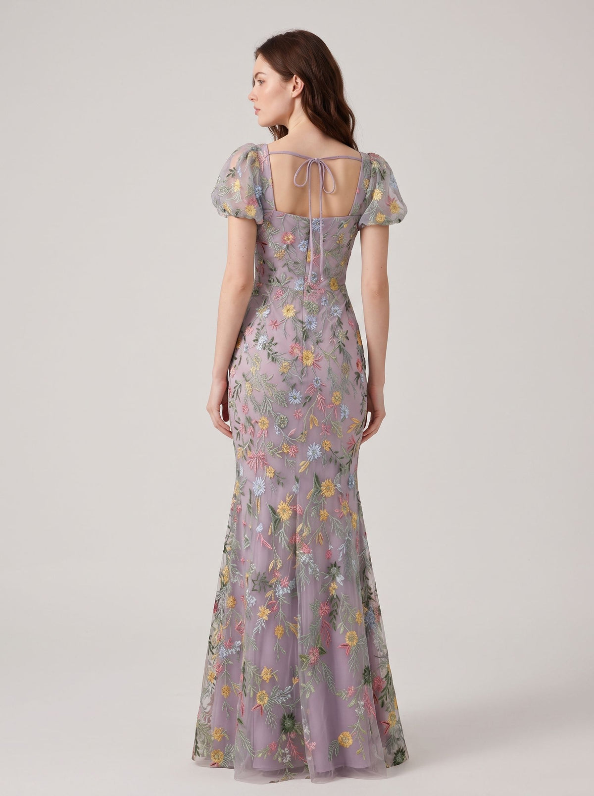Wisteria Embroidered Tulle Mermaid Square Neck Floor-Length Dress Back View - Aabei Dress