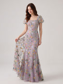 Wisteria Embroidered Tulle Mermaid Square Neck Floor-Length Dress Front View - Aabei Dress