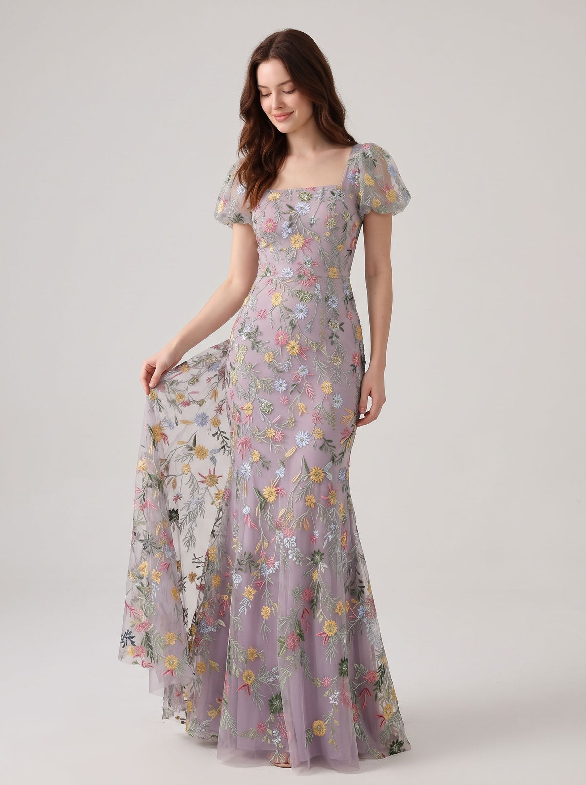 Wisteria Embroidered Tulle Mermaid Square Neck Floor-Length Dress Front View - Aabei Dress
