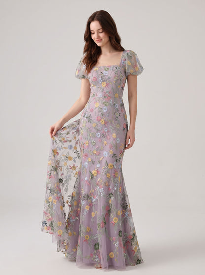 Wisteria Embroidered Tulle Mermaid Square Neck Floor-Length Dress Front View - Aabei Dress