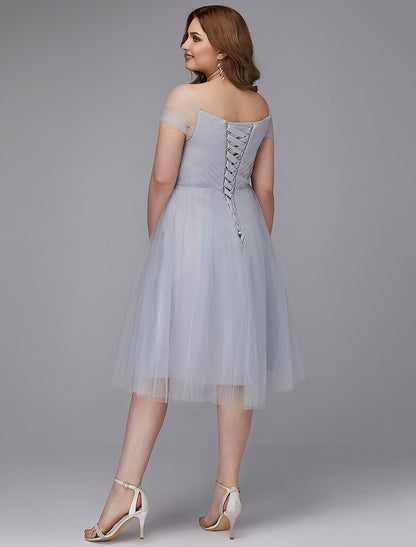 A-Line Elegant Dress Wedding Guest Cocktail Party Tea Length Short Sleeve Off Shoulder Tulle with Sash / Ribbon Cross Evening Dresses