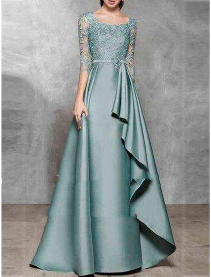 A-Line Evening Gown Black Dress Plus Size Elegant Dress Formal Wedding Floor Length Half Sleeve Scoop Neck Satin with Pleats Mother of the Bride Dresses
