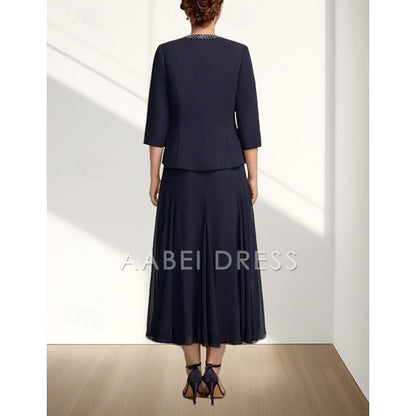 AABEI DRESS Wedding Guest Dress Elegant A-Line Crew Neck Two Piece Tea Length Chiffon 3/4 Length Sleeve with Beading Fashion Mother of the Bride Dress