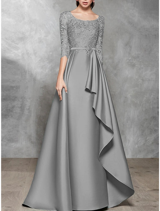 A-Line Evening Gown Black Dress Plus Size Elegant Dress Formal Wedding Floor Length Half Sleeve Scoop Neck Satin with Pleats Mother of the Bride Dresses