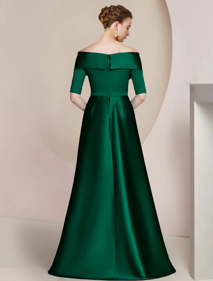 Sheath / Column Mother of the Bride Dress Formal Wedding Guest Party Elegant Off Shoulder Floor Length Satin Half Sleeve with Ruching