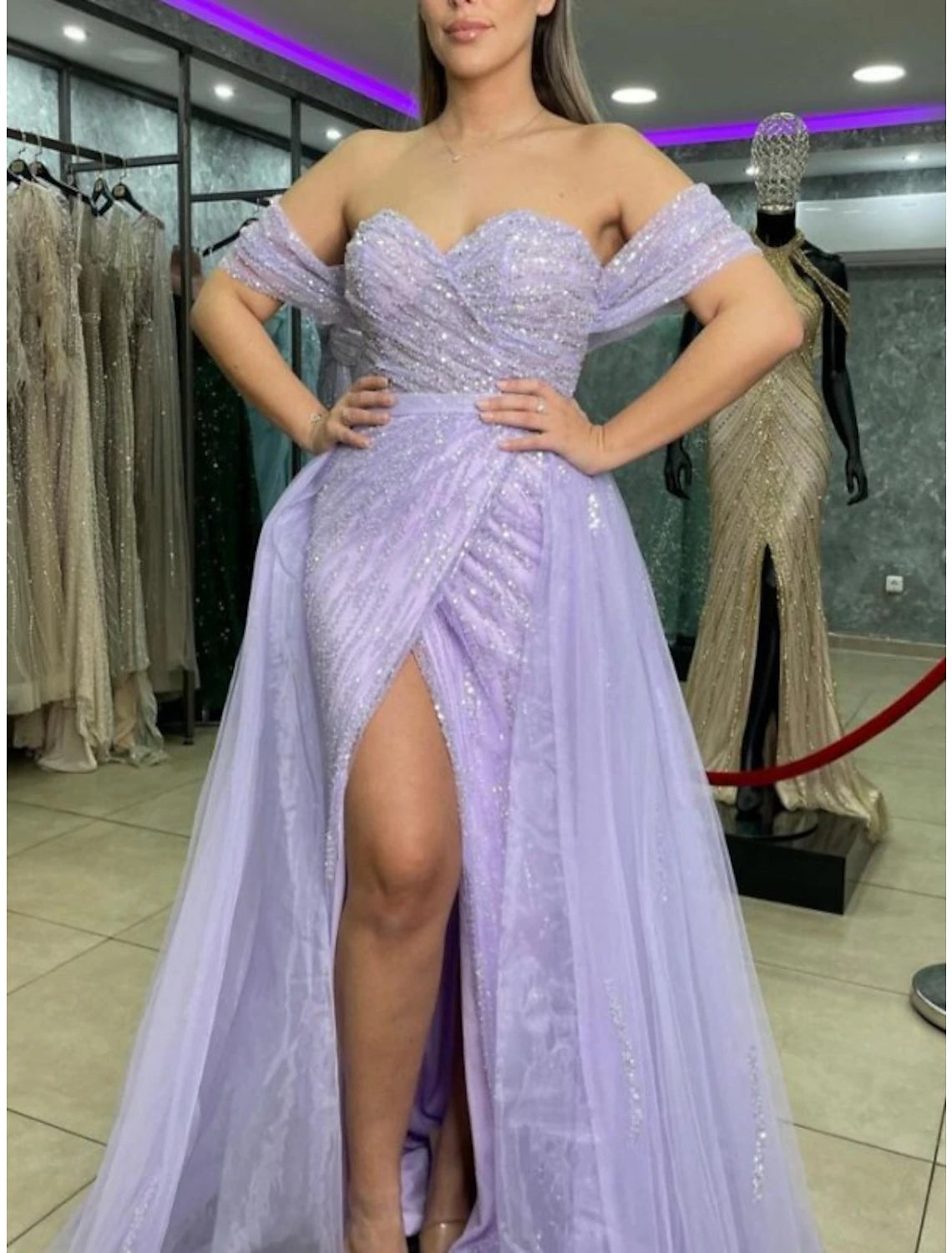 Sheath / Column Prom Dresses Sparkle &amp; Shine Dress Prom Wedding Party Sweep / Brush Train Short Sleeve Sweetheart Detachable Sequined with Slit Overskirt