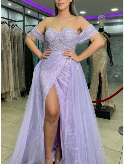 Sheath / Column Prom Dresses Sparkle &amp; Shine Dress Prom Wedding Party Sweep / Brush Train Short Sleeve Sweetheart Detachable Sequined with Slit Overskirt