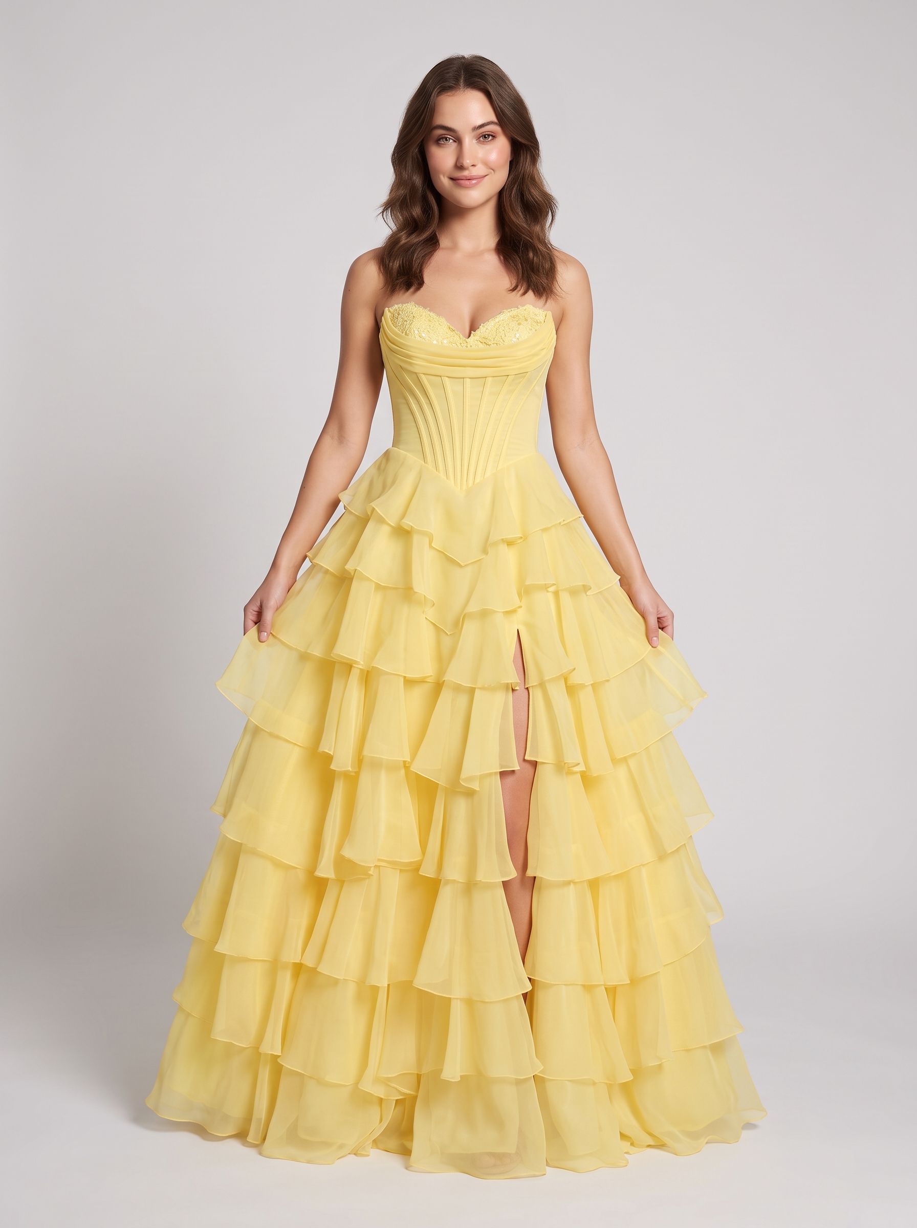 Yellow Chiffon a-line sweetheart zipper-back floor-length Dress - Aabei Dress