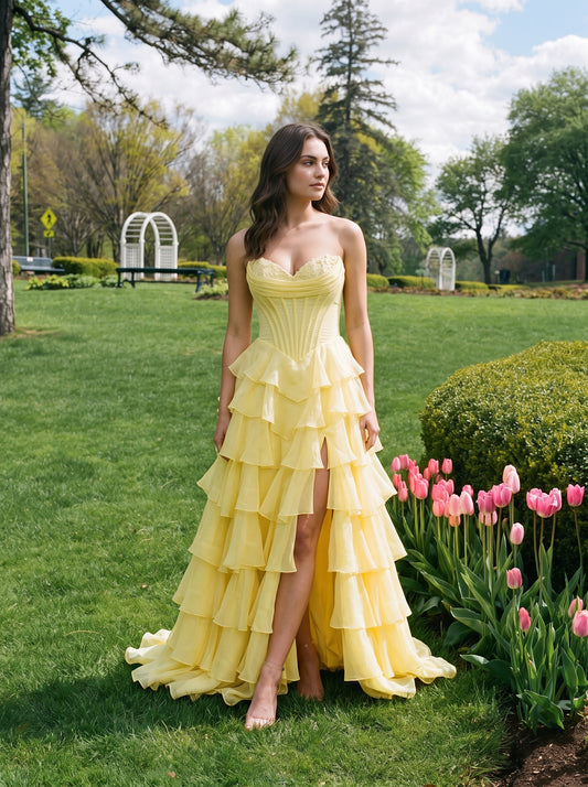Yellow Chiffon a-line sweetheart zipper-back floor-length Dress - Aabei Dress