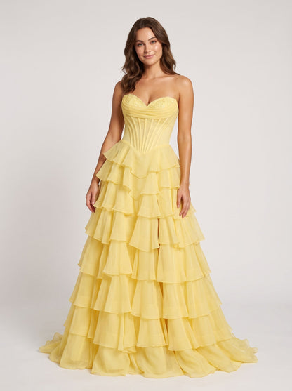 Yellow Chiffon a-line sweetheart zipper-back floor-length Dress - Aabei Dress