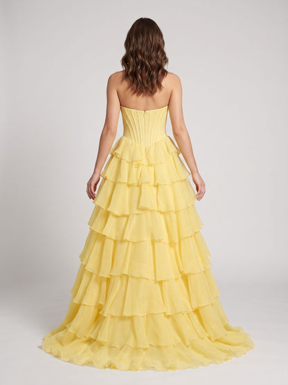 Yellow Chiffon a-line sweetheart zipper-back floor-length Dress - Aabei Dress