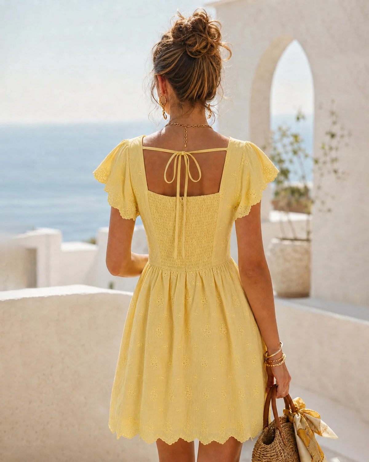 Yellow Cotton Eyelet A-Line Square Neck Tie Back Above Knee Dress Back View - Aabei Dress