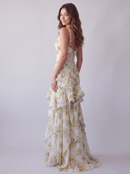 Yellow Floral Chiffon Mermaid V-Neck V-Back Floor-Length Dress Back View - Aabei Dress
