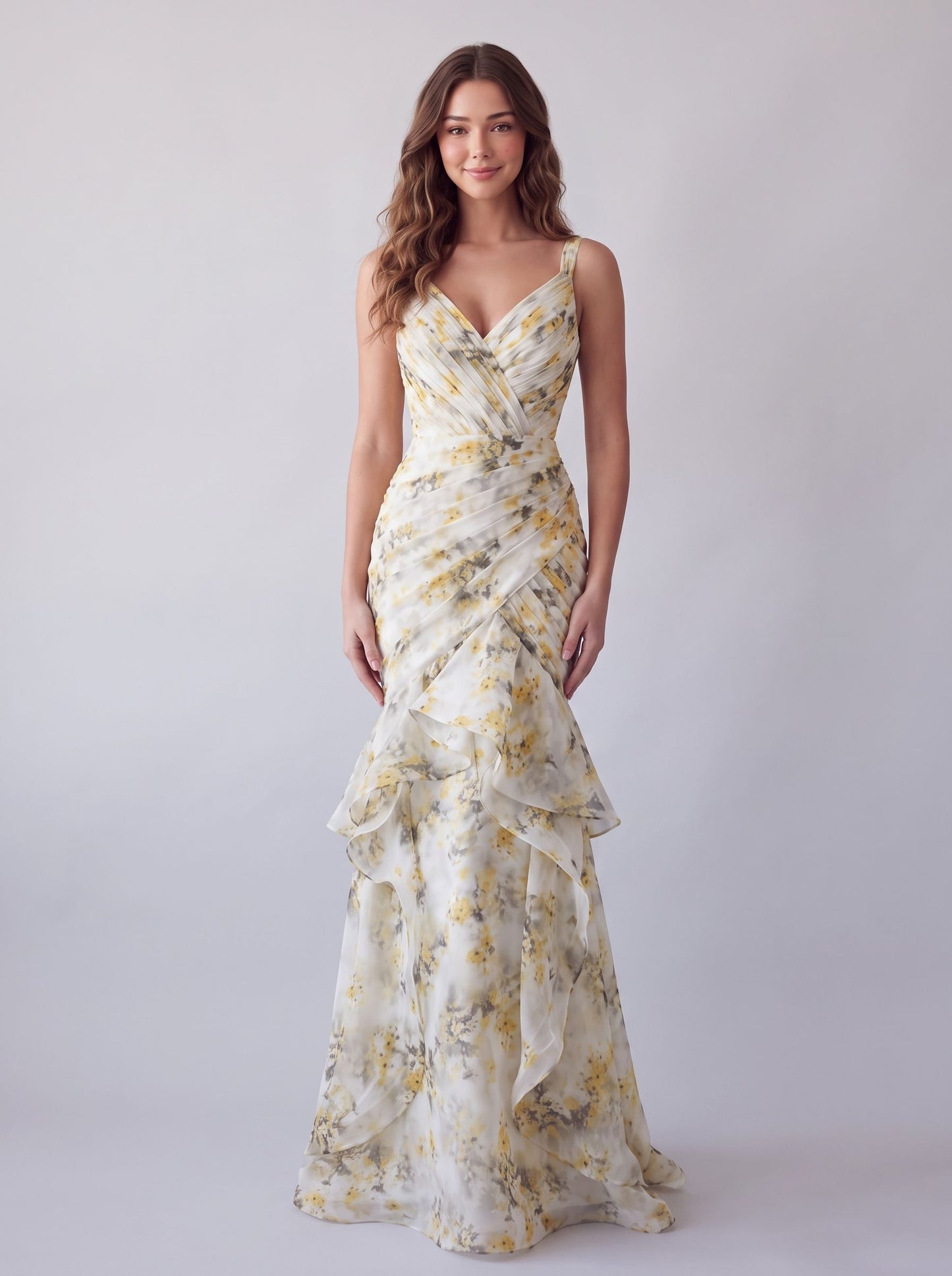 Yellow Floral Chiffon Mermaid V-Neck V-Back Floor-Length Dress Front View - Aabei Dress