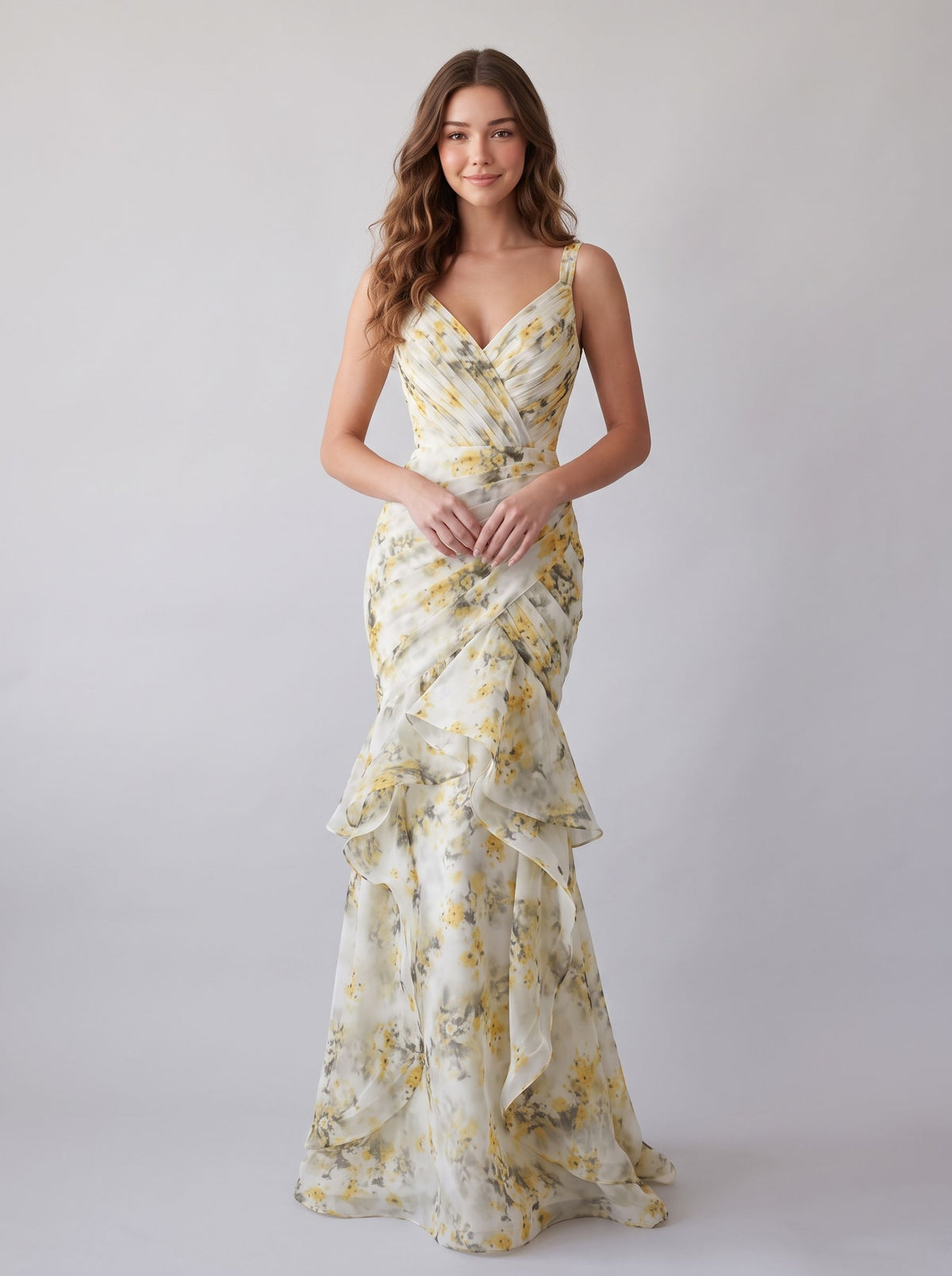 Yellow Floral Chiffon Mermaid V-Neck V-Back Floor-Length Dress - Aabei Dress