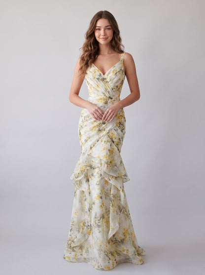 Yellow Floral Chiffon Mermaid V-Neck V-Back Floor-Length Dress - Aabei Dress