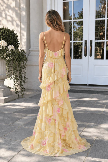 Yellow Floral Chiffon tiered v-neck v-back floor-length Dress Back View - Aabei Dress