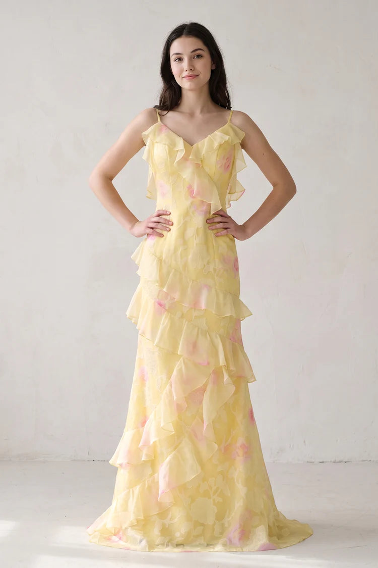 Yellow Floral Chiffon tiered v-neck v-back floor-length Dress - Aabei Dress
