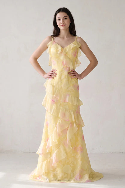 Yellow Floral Chiffon tiered v-neck v-back floor-length Dress - Aabei Dress