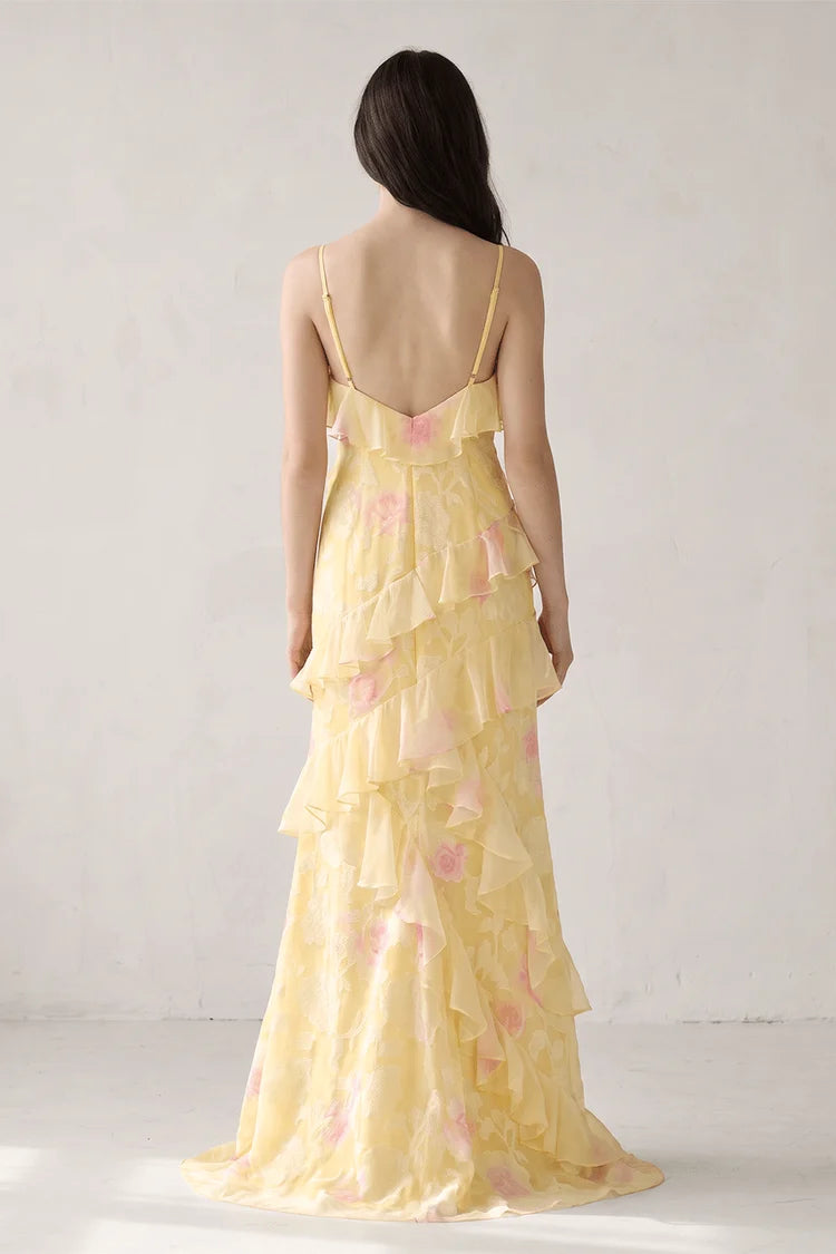Yellow Floral Chiffon tiered v-neck v-back floor-length Dress - Aabei Dress