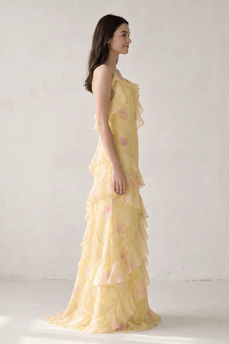 Yellow Floral Chiffon tiered v-neck v-back floor-length Dress - Aabei Dress