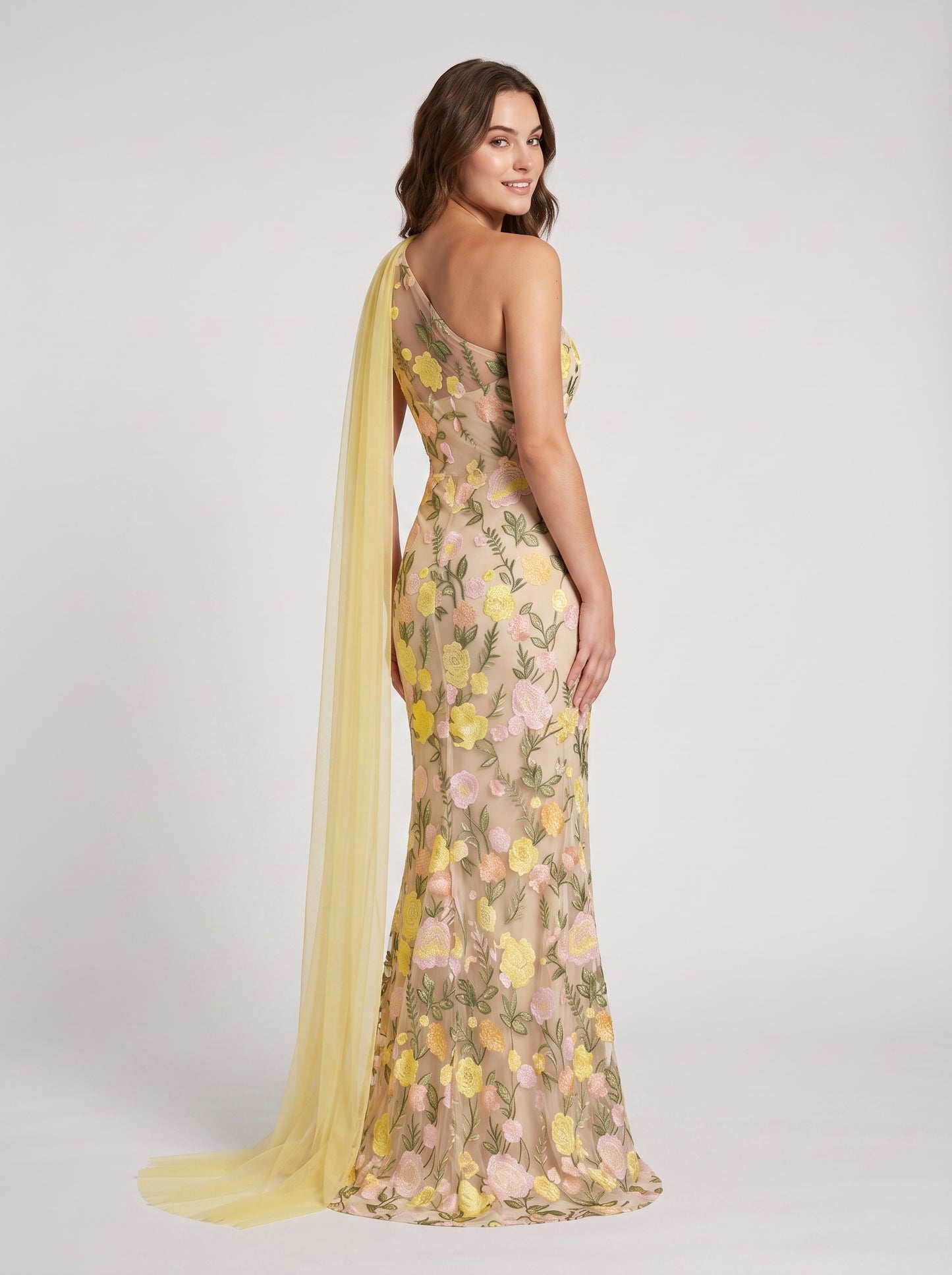 Yellow Floral Tulle sheath-column one-shoulder zipper-back floor-length Dress Back View - Aabei Dress