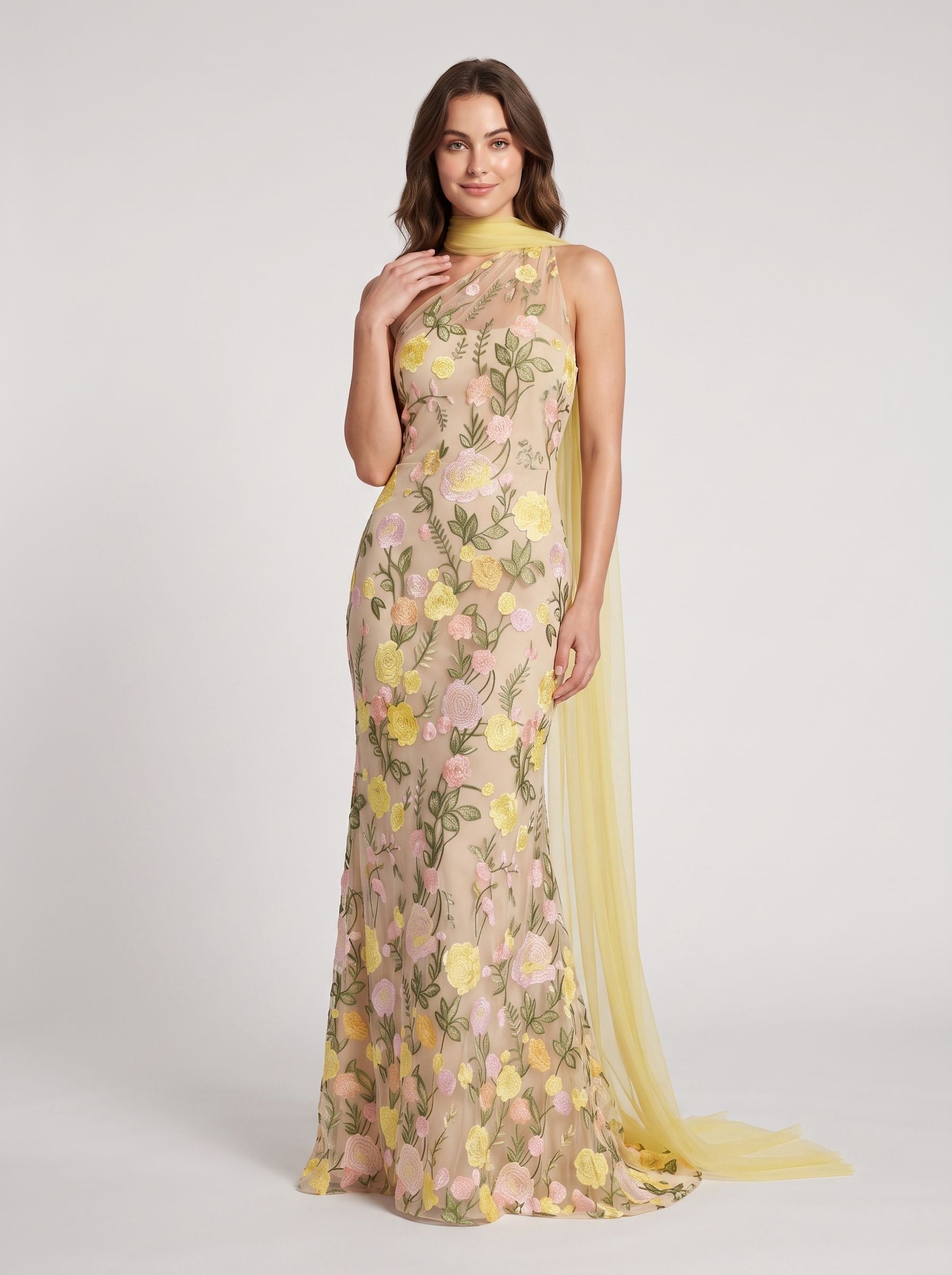 Yellow Floral Tulle sheath-column one-shoulder zipper-back floor-length Dress Front View - Aabei Dress