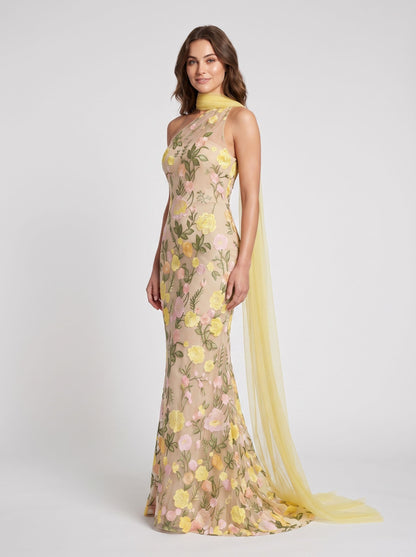 Yellow Floral Tulle sheath-column one-shoulder zipper-back floor-length Dress - Aabei Dress