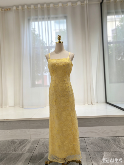 Yellow Mesh Sheath Column Straight Across Zipper Back Floor Length Dress - Aabei Dress