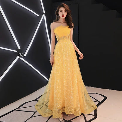 Yellow Strapless Glitter Tulle A Line Prom Dress Beaded Waist