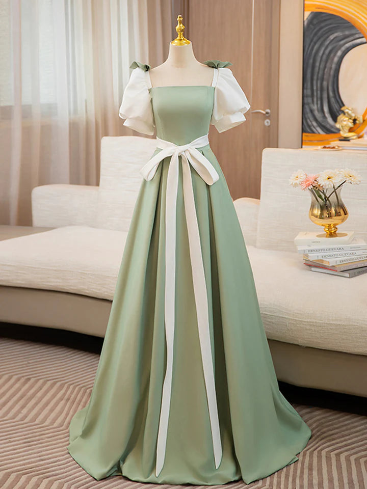 A-line Prom Dress Puff Sleeves Satin Color Blocking Long Lace up Fresh lovely Dress
