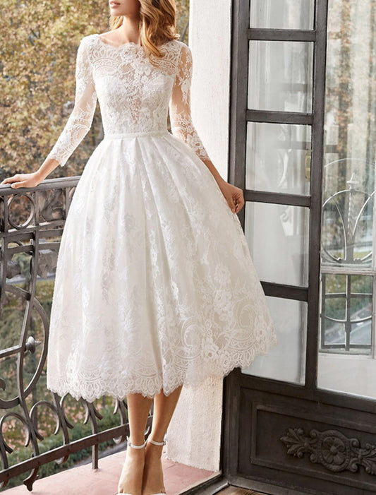 Vintage Wedding Dresses A-Line Scoop Neck Long Sleeve Tea Length Lace Bridal Gowns With Appliques