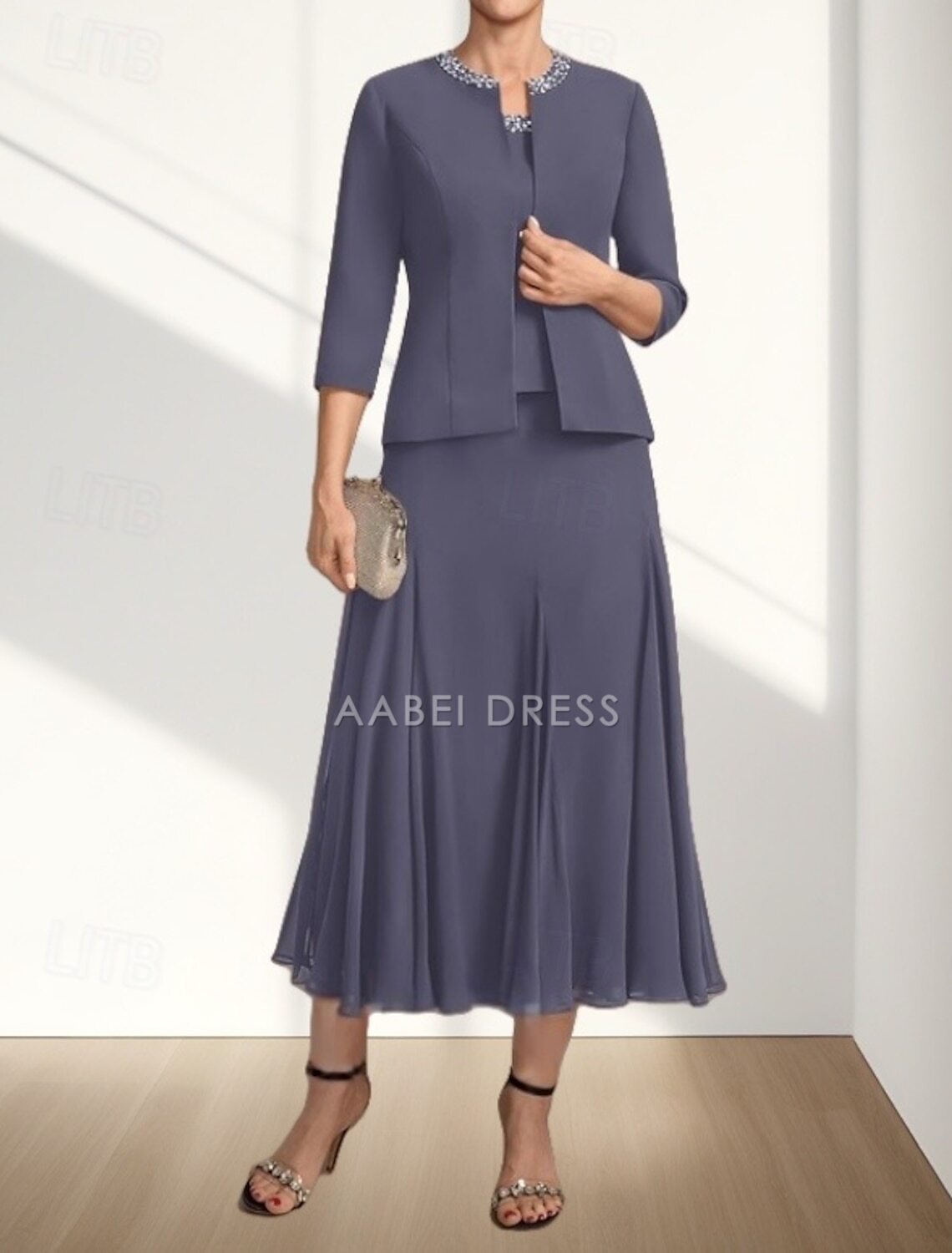 AABEI DRESS Wedding Guest Dress Elegant A-Line Crew Neck Two Piece Tea Length Chiffon 3/4 Length Sleeve with Beading Fashion Mother of the Bride Dress