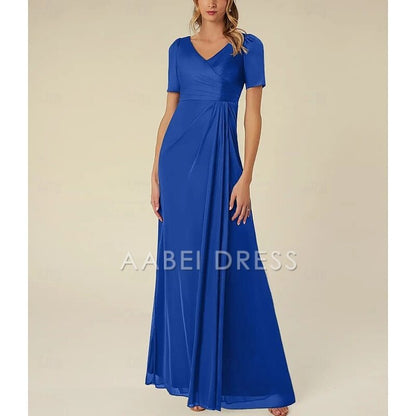 AABEI DRESS Wedding Guest Dress Elegant A-Line V Neck Short Sleeve Floor Length Pleated Simple Mother of the Bride Dress