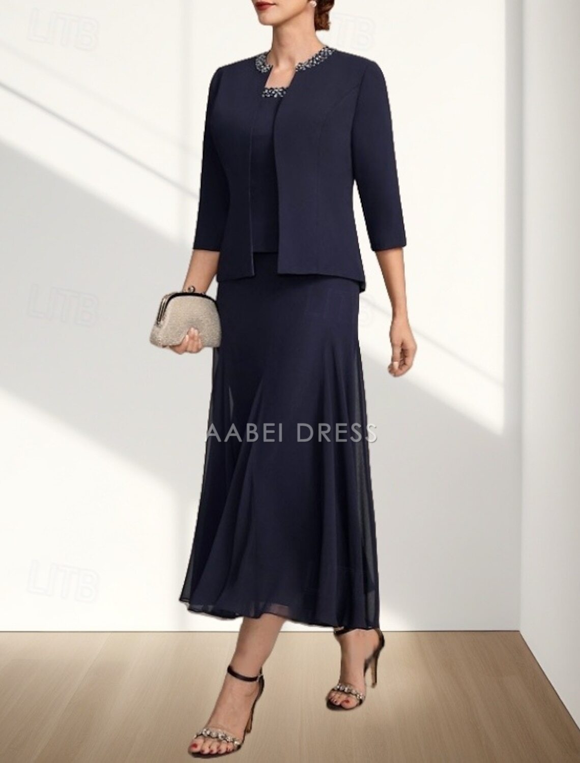 AABEI DRESS Wedding Guest Dress Elegant A-Line Crew Neck Two Piece Tea Length Chiffon 3/4 Length Sleeve with Beading Fashion Mother of the Bride Dress