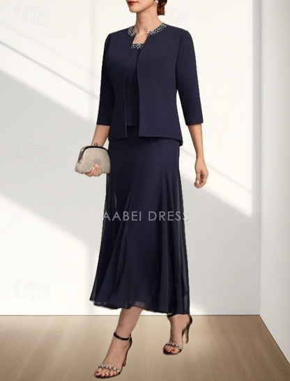 AABEI DRESS Wedding Guest Dress Elegant A-Line Crew Neck Two Piece Tea Length Chiffon 3/4 Length Sleeve with Beading Fashion Mother of the Bride Dress