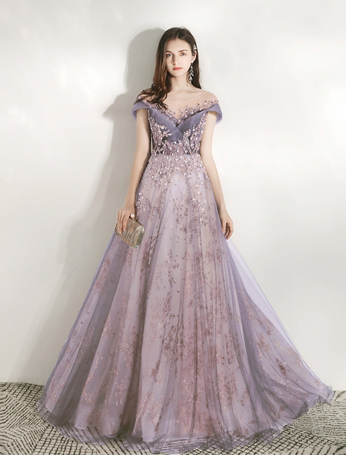 A-Line Prom Dresses Jewel Neck Short Sleeve Beautiful Back Floor Length Tulle with Crystals / Bandage