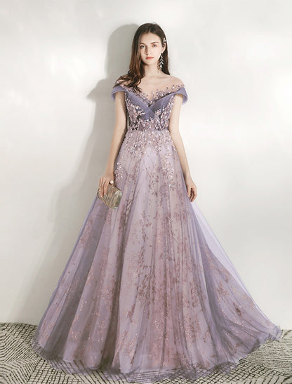 A-Line Prom Dresses Jewel Neck Short Sleeve Beautiful Back Floor Length Tulle with Crystals / Bandage