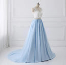 Light Blue Tulle A Line Prom Dress White Lace V Neck Bodice With Train