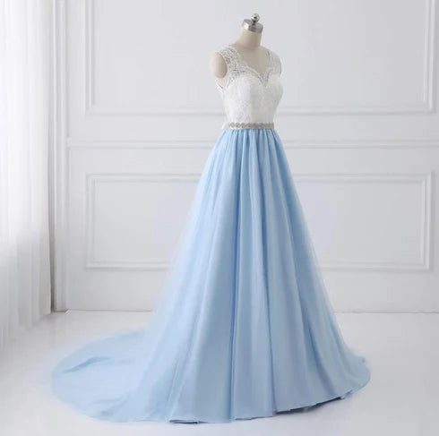 Light Blue Tulle A Line Prom Dress White Lace V Neck Bodice With Train