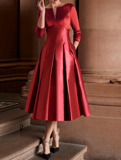 A-Line Cocktail Dresses Minimalist Dress Christmas Red Green Dress Wedding Guest Tea Length 3/4 Length Sleeve Jewel Neck Fall Wedding Guest Satin with Pleats Mother of the Bride Dresses