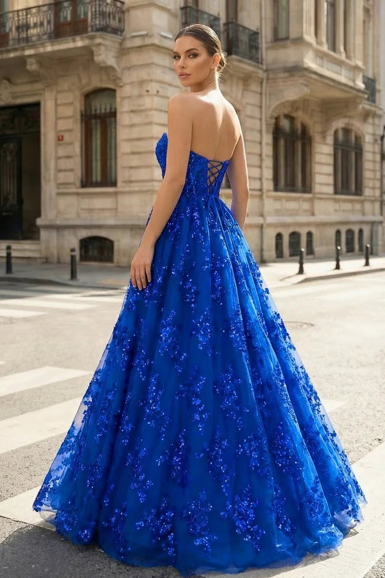 Royal Blue Strapless 3D Floral Sequin Tulle Ball Gown Lace Up Back Prom Dress