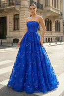 Royal Blue Strapless 3D Floral Sequin Tulle Ball Gown Lace Up Back Prom Dress