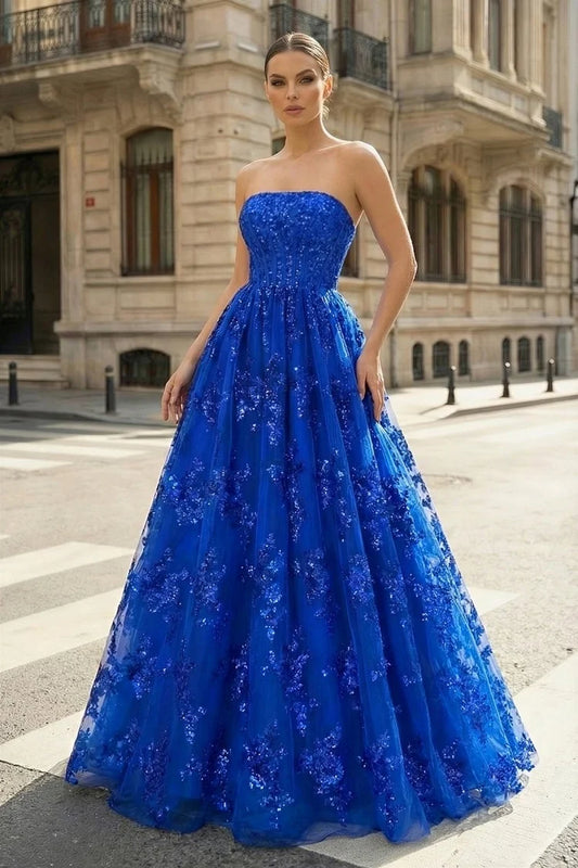 Royal Blue Strapless 3D Floral Sequin Tulle Ball Gown Lace Up Back Prom Dress